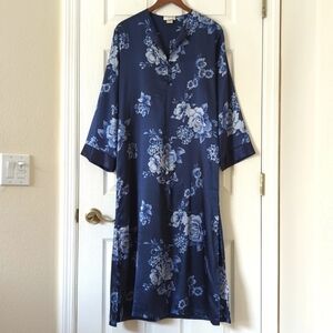 Jones New York 90's Vintage Floral Satin Long Sleeve Shift Maxi Dress Blue M